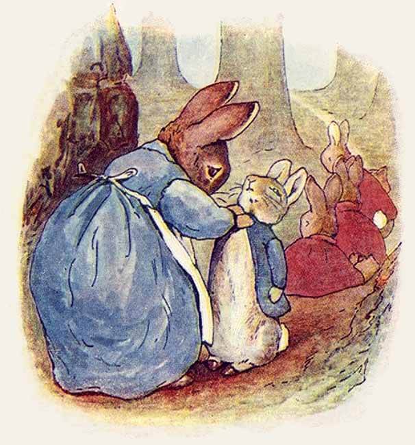 Mrs. Rabbit buttoning up Peter Rabbit